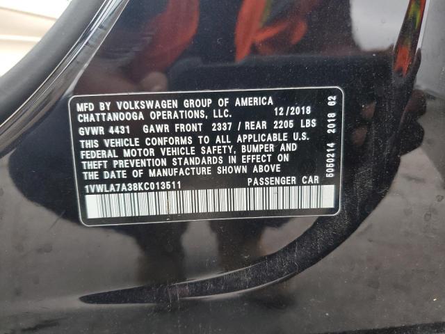 1VWLA7A38KC013511 - 2019 VOLKSWAGEN PASSAT WOLFSBURG BLACK photo 13