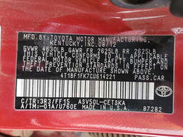 4T1BF1FK7CU614221 - 2012 TOYOTA CAMRY BASE RED photo 12