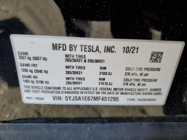 5YJSA1E67MF451295 - 2021 TESLA MODEL S BLACK photo 12