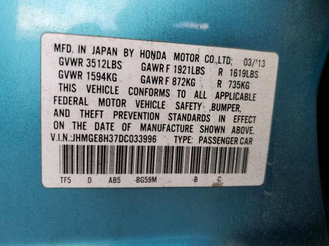 JHMGE8H37DC033996 - 2013 HONDA FIT TURQUOISE photo 12