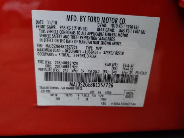 MAJ3S2GE8KC257726 - 2019 FORD ECOSPORT SE RED photo 12