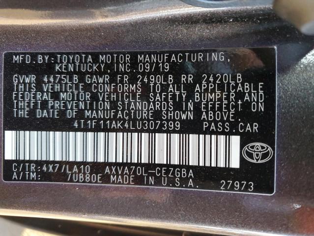 4T1F11AK4LU307399 - 2020 TOYOTA CAMRY XLE BROWN photo 12