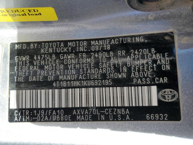 4T1B11HK1KU692195 - 2019 TOYOTA CAMRY L SILVER photo 12