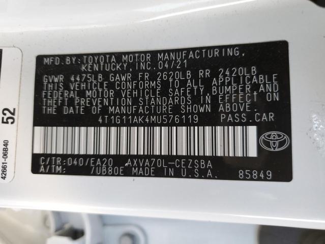 4T1G11AK4MU576119 - 2021 TOYOTA CAMRY SE WHITE photo 12