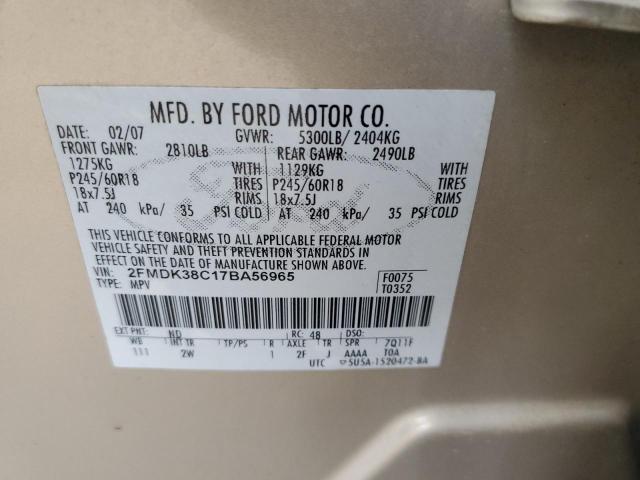 2FMDK38C17BA56965 - 2007 FORD EDGE SEL BEIGE photo 14