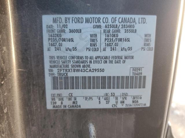 2FTRX18W43CA29550 - 2003 FORD F150 GRAY photo 12