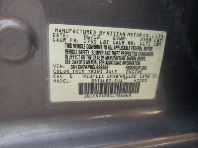 3N1CN7AP8CL926868 - 2012 NISSAN VERSA S GRAY photo 12