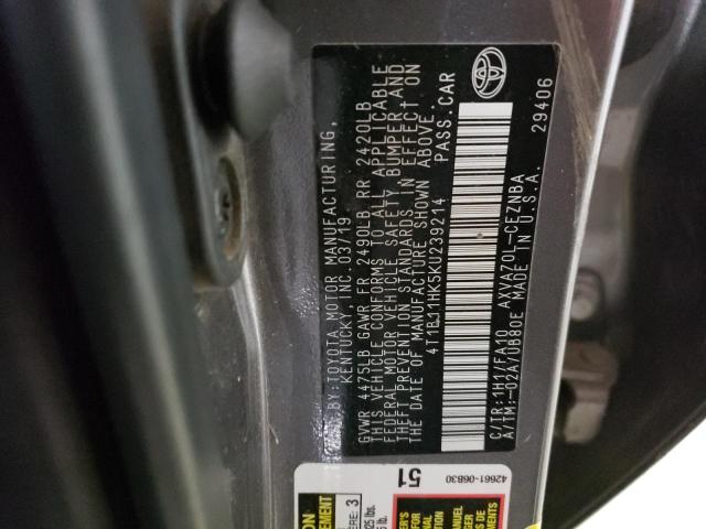 4T1B11HK5KU239214 - 2019 TOYOTA CAMRY L GRAY photo 13