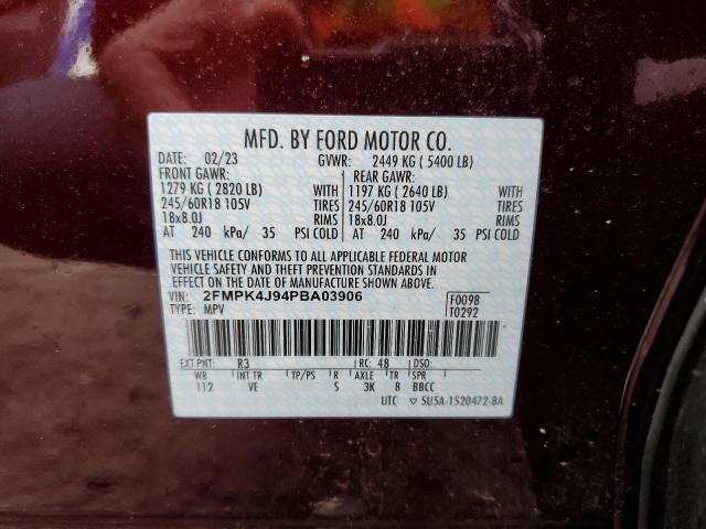 2FMPK4J94PBA03906 - 2023 FORD EDGE SEL MAROON photo 12