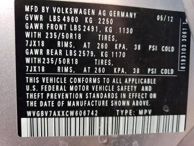 WVGBV7AXXCW606742 - 2012 VOLKSWAGEN TIGUAN S SILVER photo 13