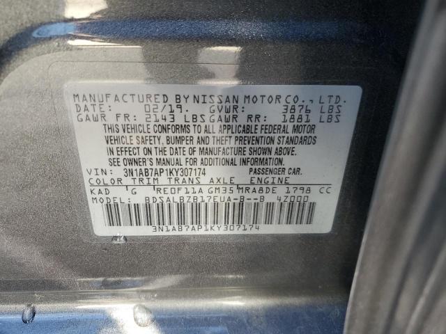 3N1AB7AP1KY307174 - 2019 NISSAN SENTRA S GRAY photo 12