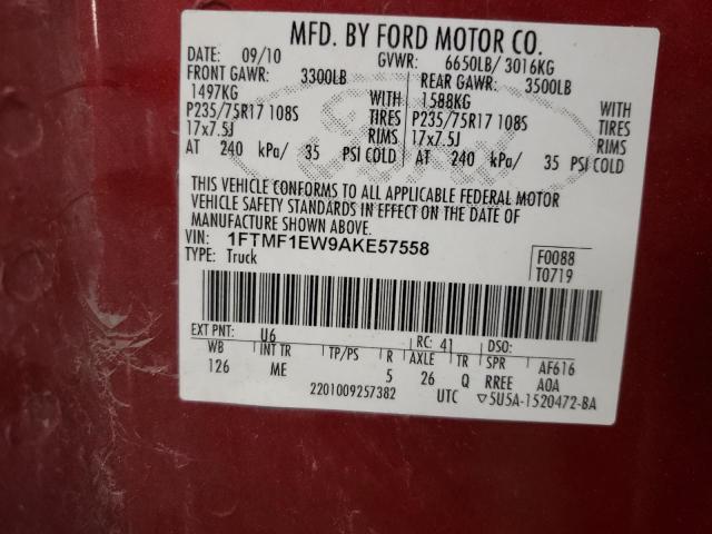 1FTMF1EW9AKE57558 - 2010 FORD F150 RED photo 12