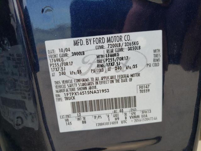 1FTPX14515NA31953 - 2005 FORD F150 BLUE photo 12