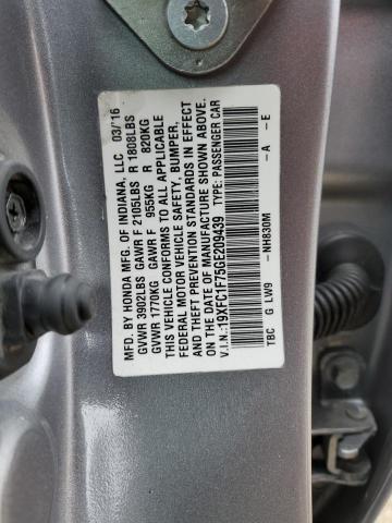 19XFC1F75GE209439 - 2016 HONDA CIVIC EXL ვერცხლისფერი ფოტო 12