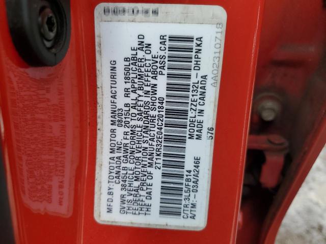 2T1KR32E04C201840 - 2004 TOYOTA COROLLA MA XR RED photo 12