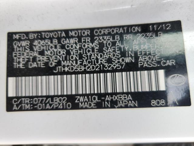 JTHKD5BH2D2132957 - 2013 LEXUS CT 200 WHITE photo 12