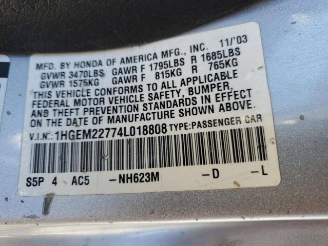 1HGEM22774L018808 - 2004 HONDA CIVIC HX GRAY photo 12