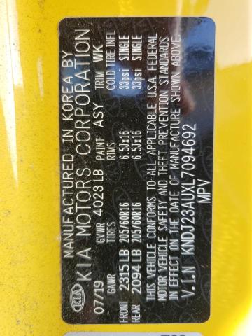 KNDJ23AUXL7094692 - 2020 KIA SOUL LX YELLOW photo 13