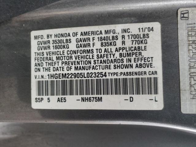 1HGEM22905L023254 - 2005 HONDA CIVIC EX GRAY photo 12