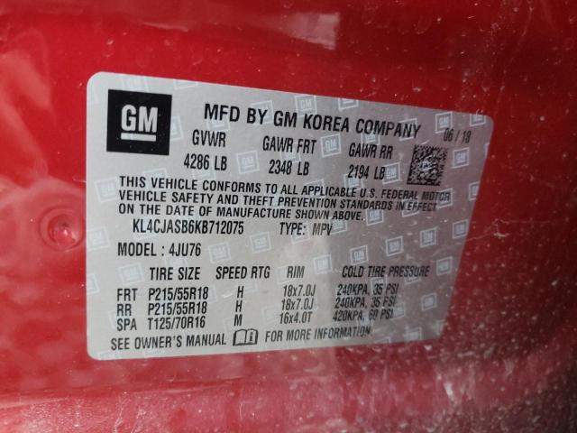 KL4CJASB6KB712075 - 2019 BUICK ENCORE PREFERRED RED photo 12