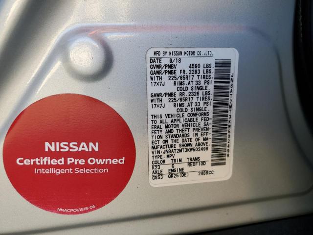 JN8AT2MT3KW502498 - 2019 NISSAN ROGUE S SILVER photo 13