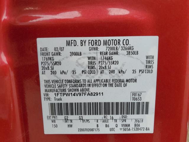 1FTPW14V97FA82911 - 2007 FORD F150 SUPERCREW RED photo 12