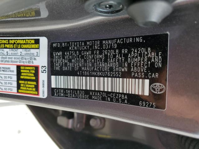 4T1B61HK8KU762552 - 2019 TOYOTA CAMRY XSE GRAY photo 12