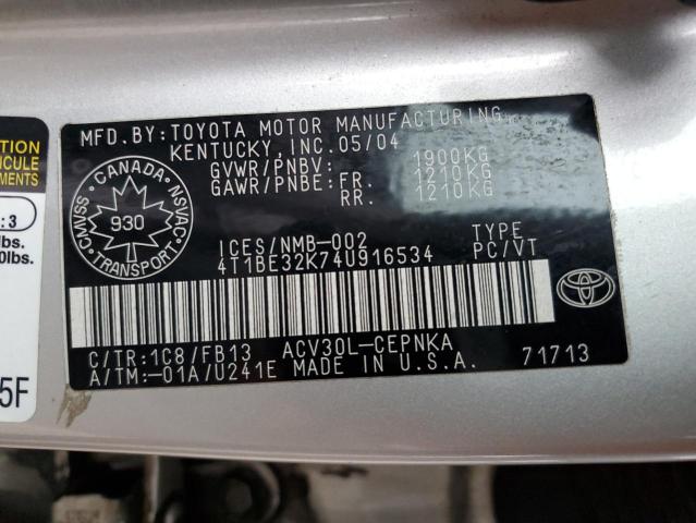 4T1BE32K74U916534 - 2004 TOYOTA CAMRY LE SILVER photo 12