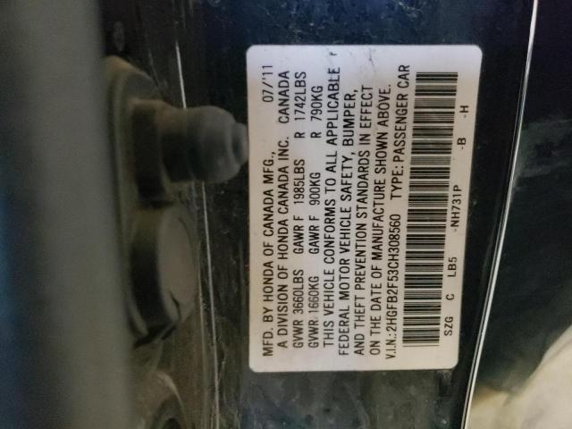 2HGFB2F53CH308560 - 2012 HONDA CIVIC LX BLACK photo 12