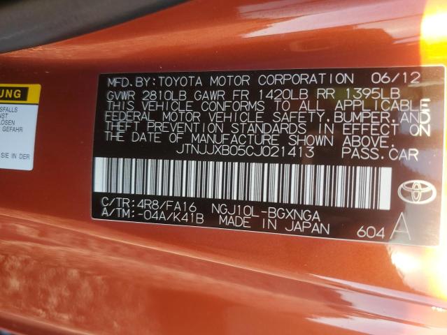 JTNJJXB05CJ021413 - 2012 TOYOTA SCION IQ ORANGE photo 12