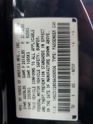 1HGCS12809A006504 - 2009 HONDA ACCORD EXL BLACK photo 12