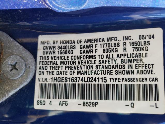 1HGES16374L024115 - 2004 HONDA CIVIC DX VP BLUE photo 12
