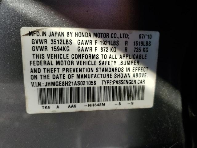 JHMGE8H21AS021058 - 2010 HONDA FIT SILVER photo 12