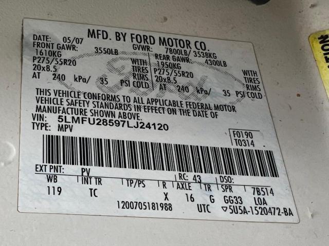 5LMFU28597LJ24120 - 2007 LINCOLN NAVIGATOR 白色 照片 10