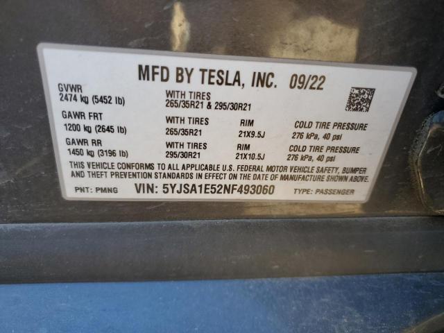 5YJSA1E52NF493060 - 2022 TESLA MODEL S Մոխրագույն լուսանկար 12