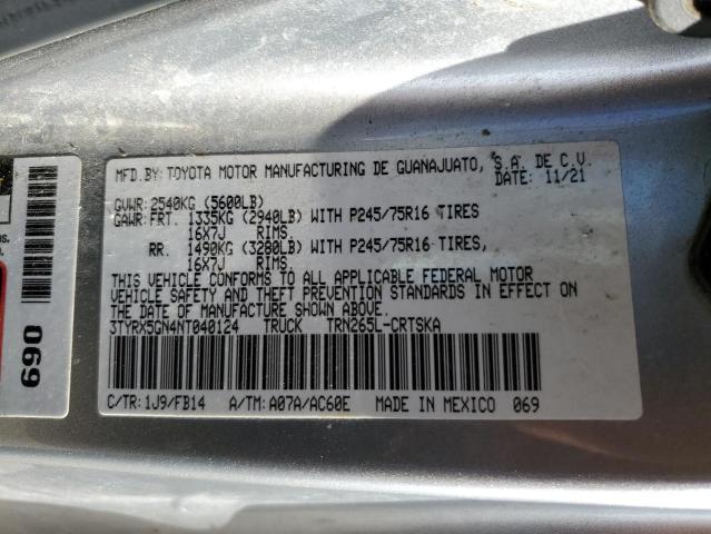 3TYRX5GN4NT040124 - 2022 TOYOTA TACOMA ACCESS CAB ვერცხლისფერი ფოტო 12