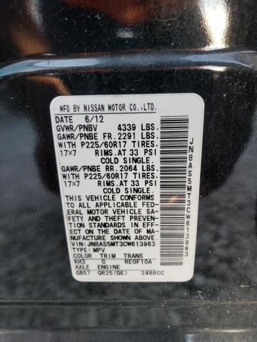 JN8AS5MT3CW613963 - 2012 NISSAN ROGUE S BLACK photo 13