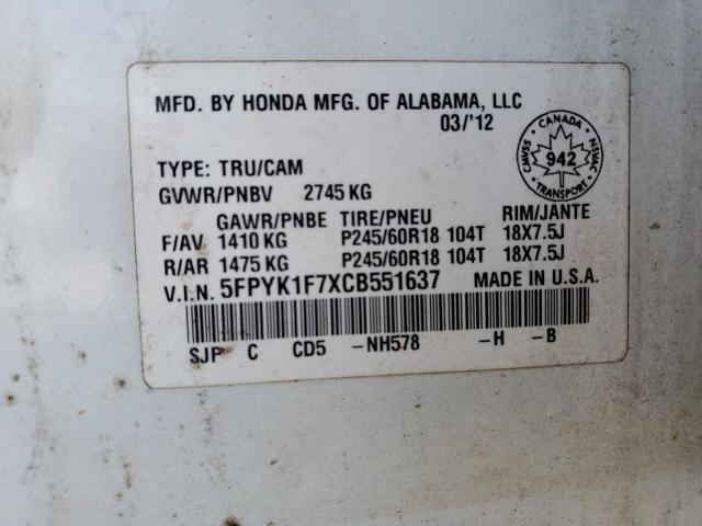 5FPYK1F7XCB551637 - 2012 HONDA RIDGELINE SPORT WHITE photo 12