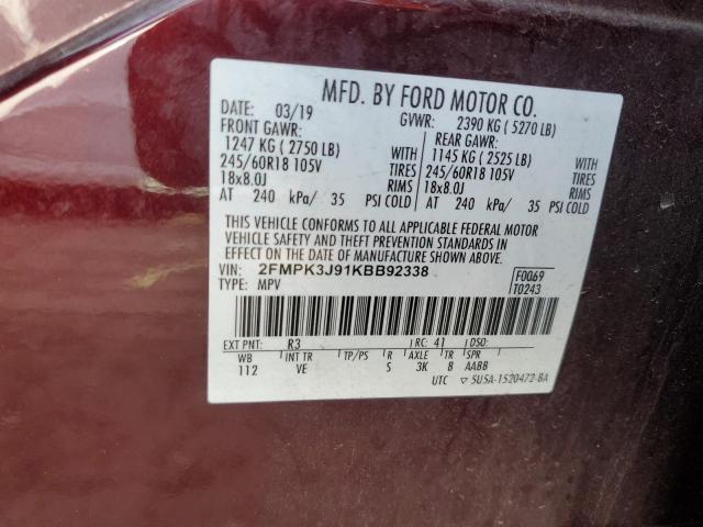 2FMPK3J91KBB92338 - 2019 FORD EDGE SEL MAROON photo 14