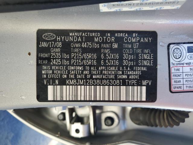 KM8JM12B38U863081 - 2008 HYUNDAI TUCSON GLS SILVER photo 13