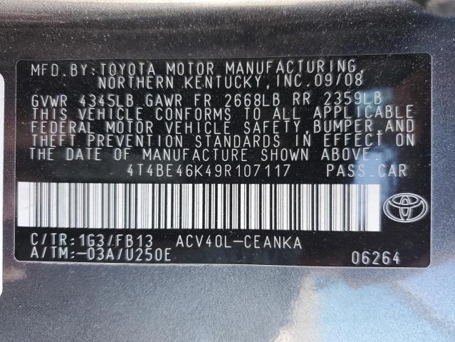 4T4BE46K49R107117 - 2009 TOYOTA CAMRY BASE GRAY photo 12