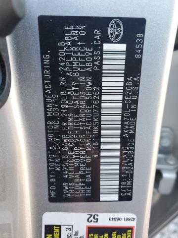 4T1B11HK5KU776262 - 2019 TOYOTA CAMRY L SILVER photo 12