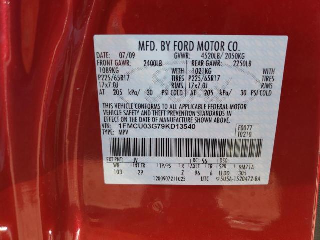 1FMCU03G79KD13540 - 2009 FORD ESCAPE XLT RED photo 12