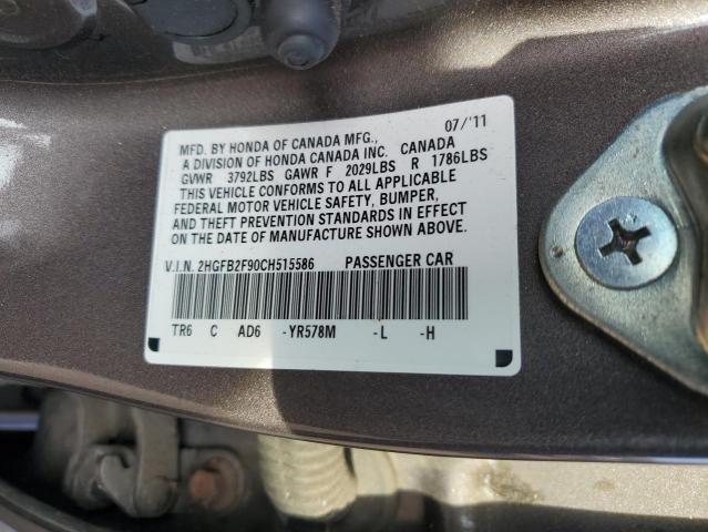 2HGFB2F90CH515586 - 2012 HONDA CIVIC EXL ნაცრისფერი ფოტო 12