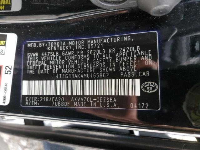 4T1G11AK4MU465862 - 2021 TOYOTA CAMRY SE BLACK photo 13