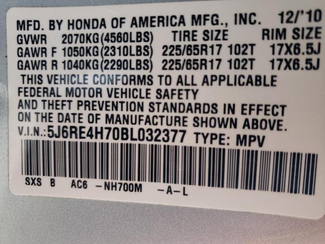 5J6RE4H70BL032377 - 2011 HONDA CR-V EXL SILVER photo 13