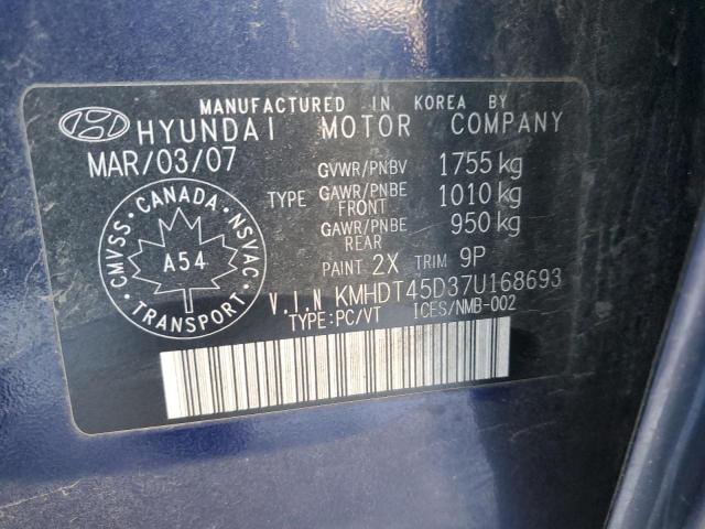 KMHDT45D37U168693 - 2007 HYUNDAI ELANTRA GL BLUE photo 12