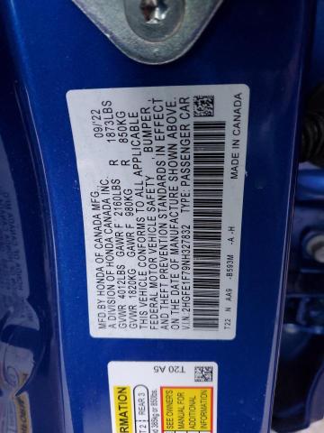 2HGFE1F79NH327832 - 2022 HONDA CIVIC EX BLUE photo 12