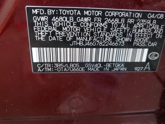 JTHBJ46G782246673 - 2008 LEXUS ES 350 RED photo 12