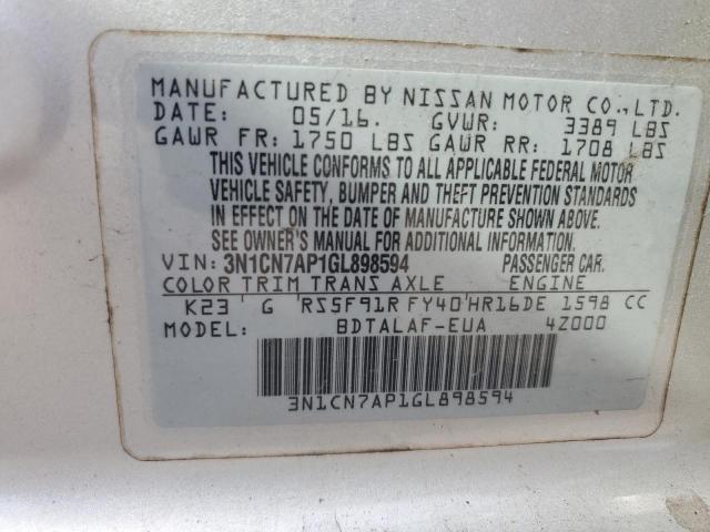 3N1CN7AP1GL898594 - 2016 NISSAN VERSA S SILVER photo 12